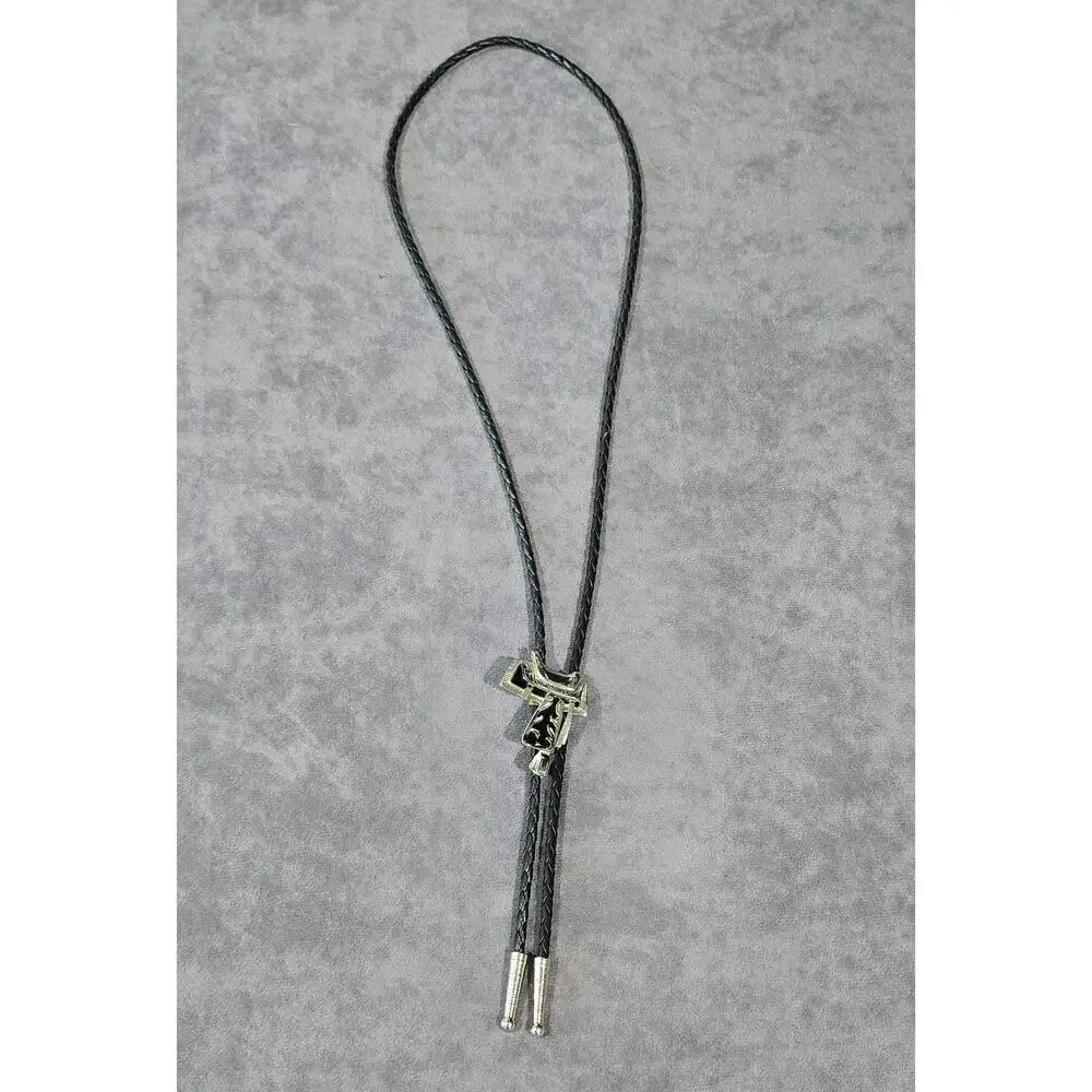 Old Country Western Silver & Black Saddle Leather Bolo Neck Tie Made In USA